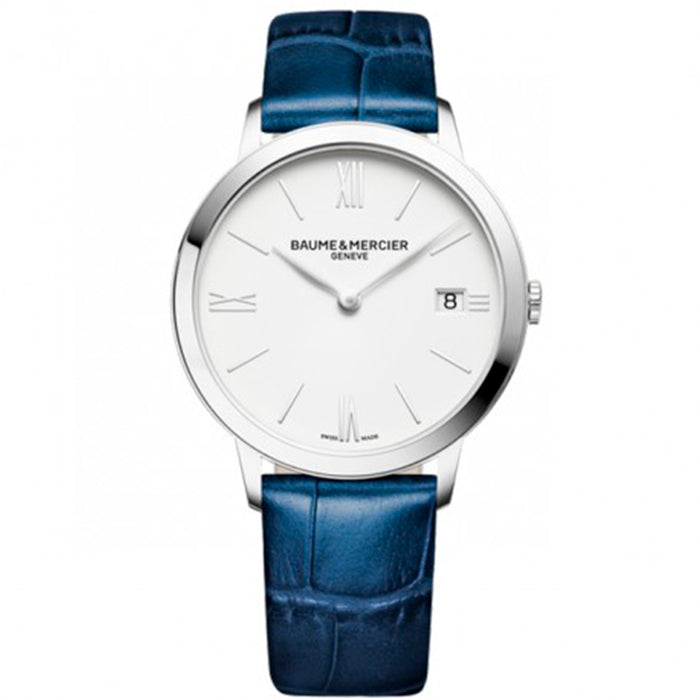 Baume et Mercier Classima con caja de acero de 36.5mm, calendario a las 3h y correa de piel azul