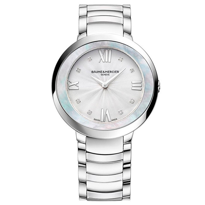 Baume et Mercier con caja de acero en 34mm, esfera plateada y 8 brillantes en los índices