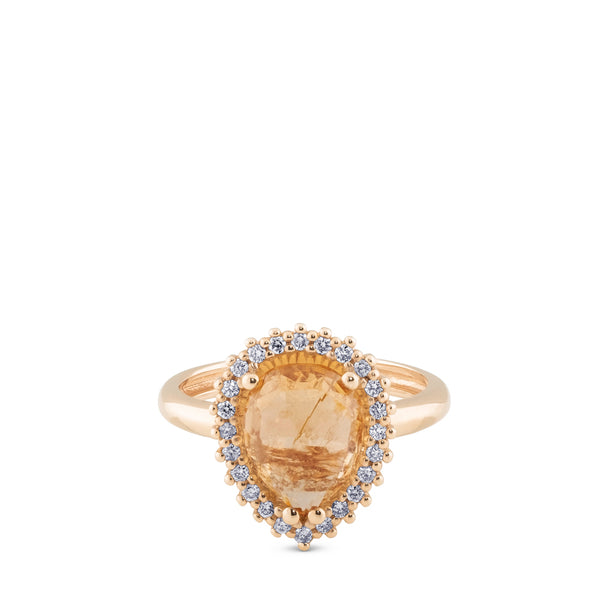 Sortija "Caramelo" de oro rosa con cuarzo citrino talla pera y brillantes