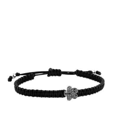 Pulsera de cordón negro con flor de oro blanco y diamantes negros