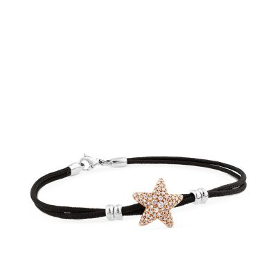 Pulsera de oro rosa y cordón negro  con estrella de pavé de diamantes