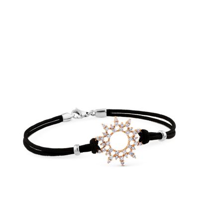 Pulsera de oro rosa y cordón negro con sol de pavé de diamantes