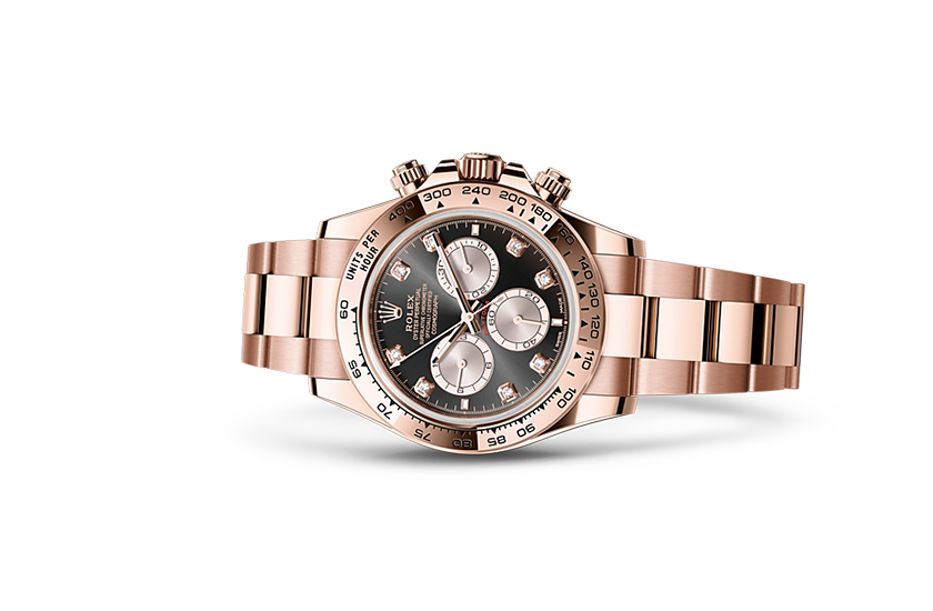 Rolex Cosmograph Daytona de oro Everose de 18 quilates y esfera Negro vivo y Sundust engastada de diamantes en Chocrón Joyeros