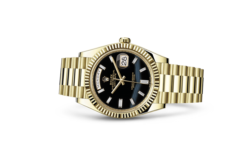  Rolex Day-Date 40 de oro amarillo y esfera engastado de ónice con diamantes en Chocrón Joyeros 