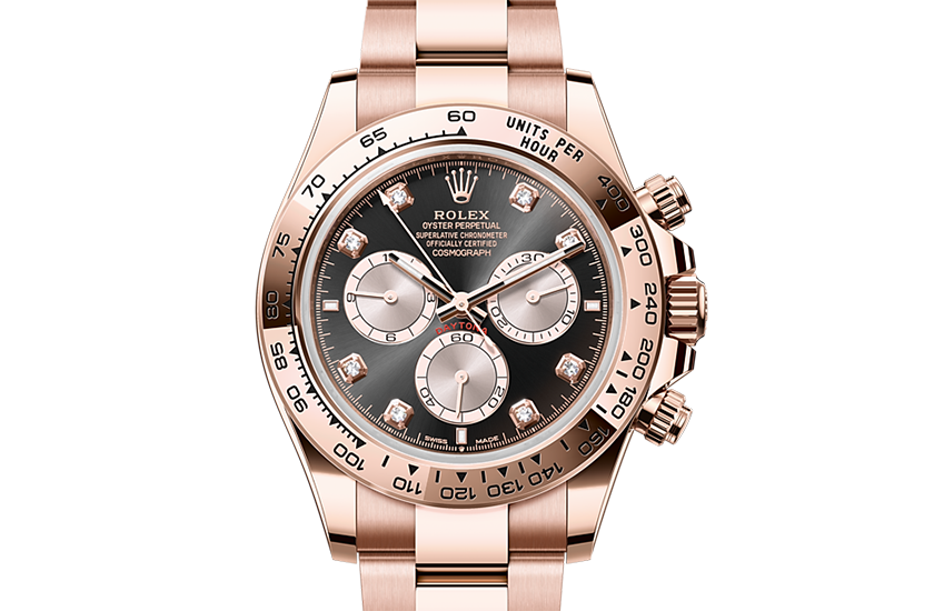 Rolex Cosmograph Daytona de oro Everose de 18 quilates y esfera Negro vivo y Sundust engastada de diamantes en Chocrón Joyeros