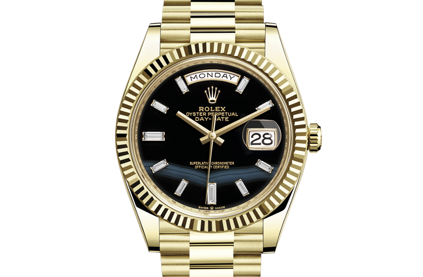 Rolex Day-Date 40 de oro amarillo y esfera engastado de ónice con diamantes en Chocrón Joyeros 