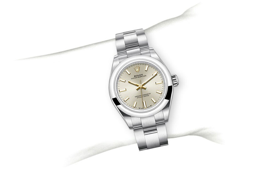 Simulación muñeca Rolex Oyster Perpetual 28 acero Oystersteel y esfera plateada en Chocrón Joyeros