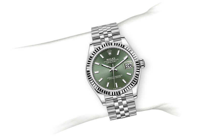 Simulación muñeca Rolex Datejust 31 esfera verde menta en Joyería Chocrón Joyeros